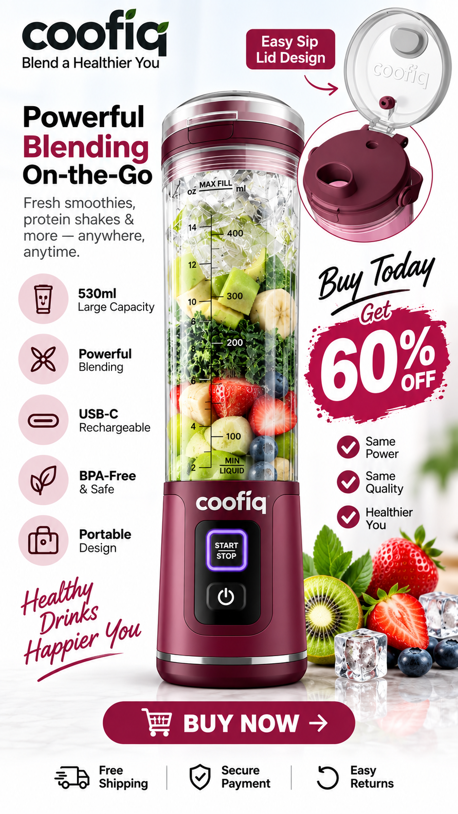 COOFIQ Portable Cordless Blender