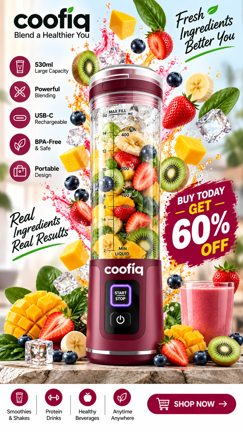 COOFIQ Portable Cordless Blender