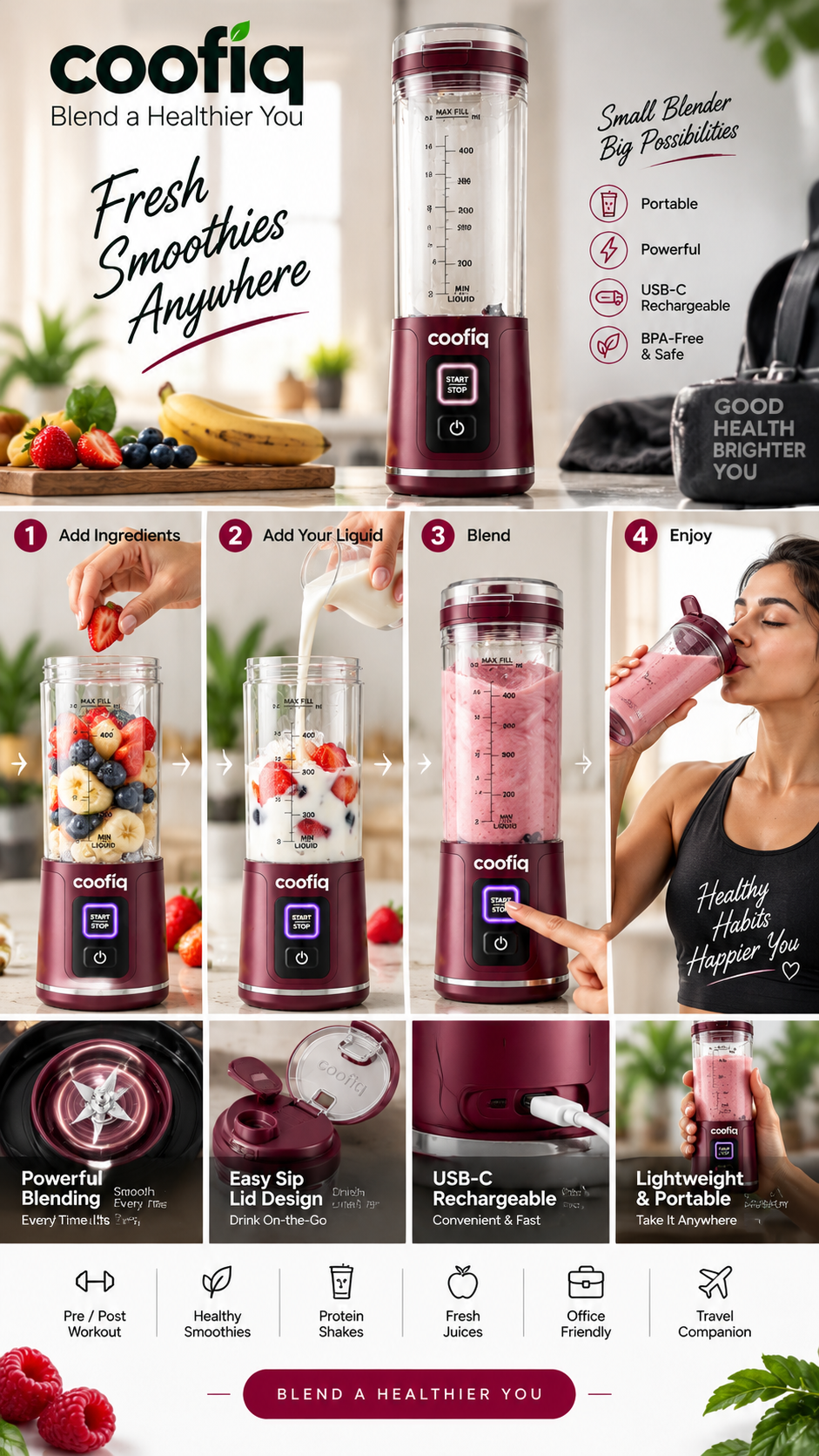 COOFIQ Portable Cordless Blender