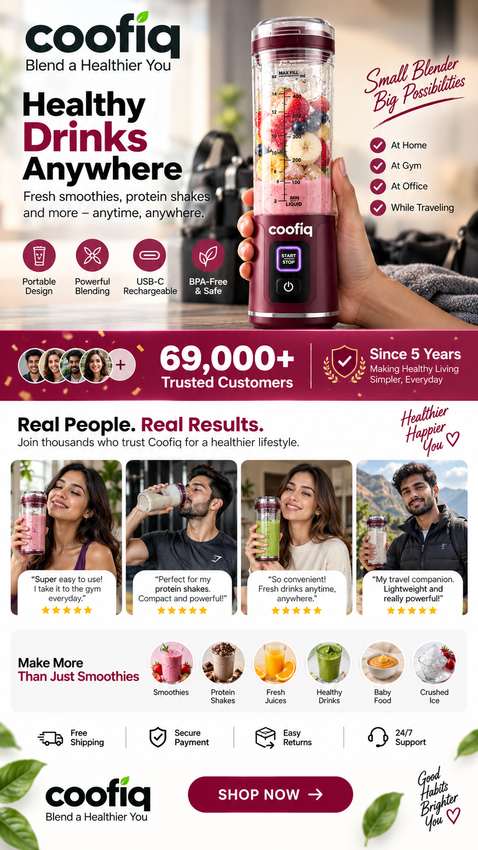 COOFIQ Portable Cordless Blender